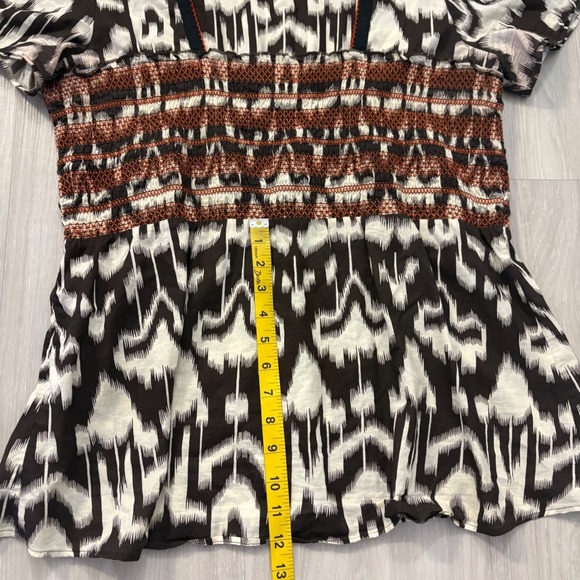 L.A. Blues Blouse Women Ikat Print Smocked Waist Black White Rust Boho Blouse L - Picture 6 of 12